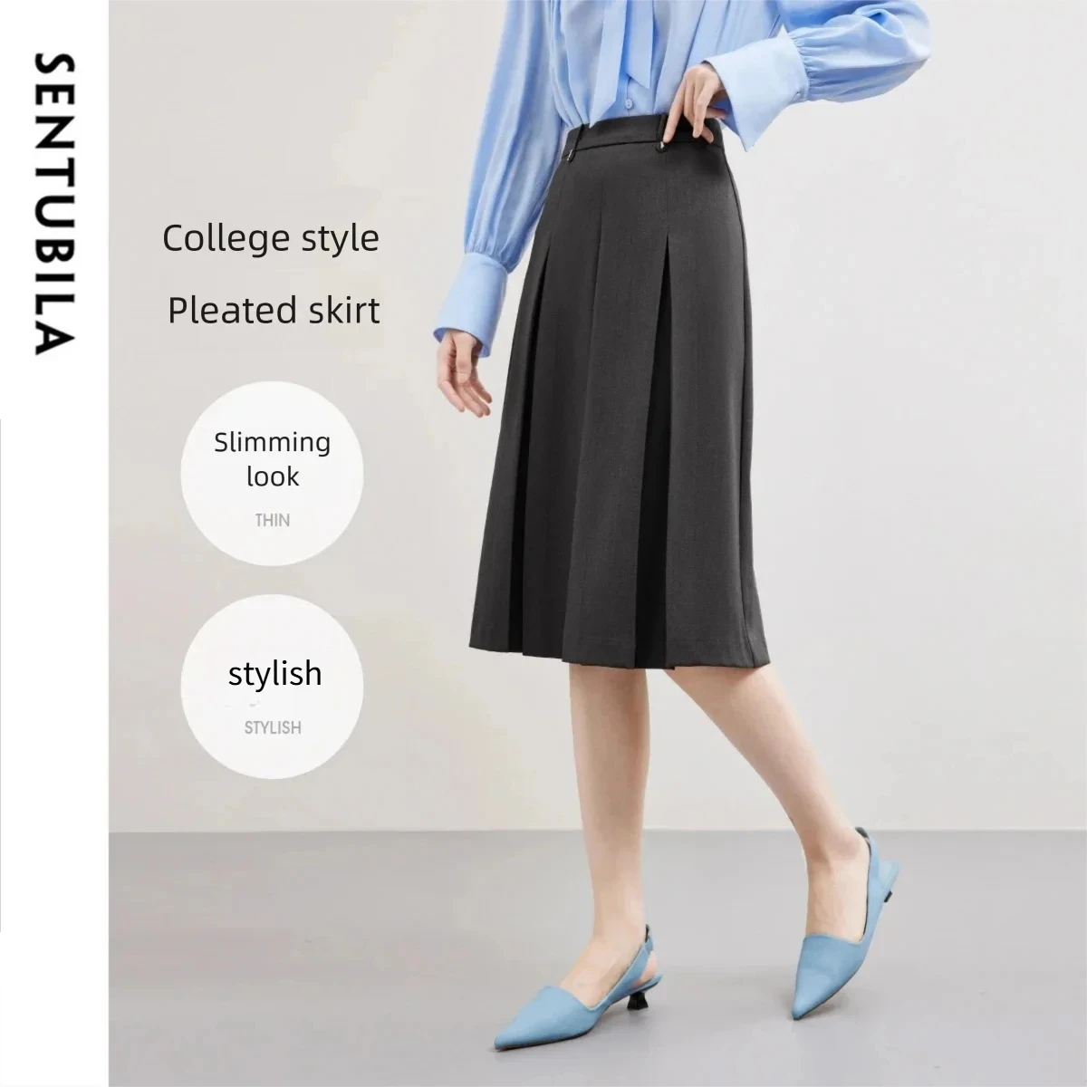 

SENTUBILA Women's Pleated Skirt High-Quality Gray A-Line Loose Midi Skirt 2026 Spring Office Elegant Woman Clothes 153QB3782X