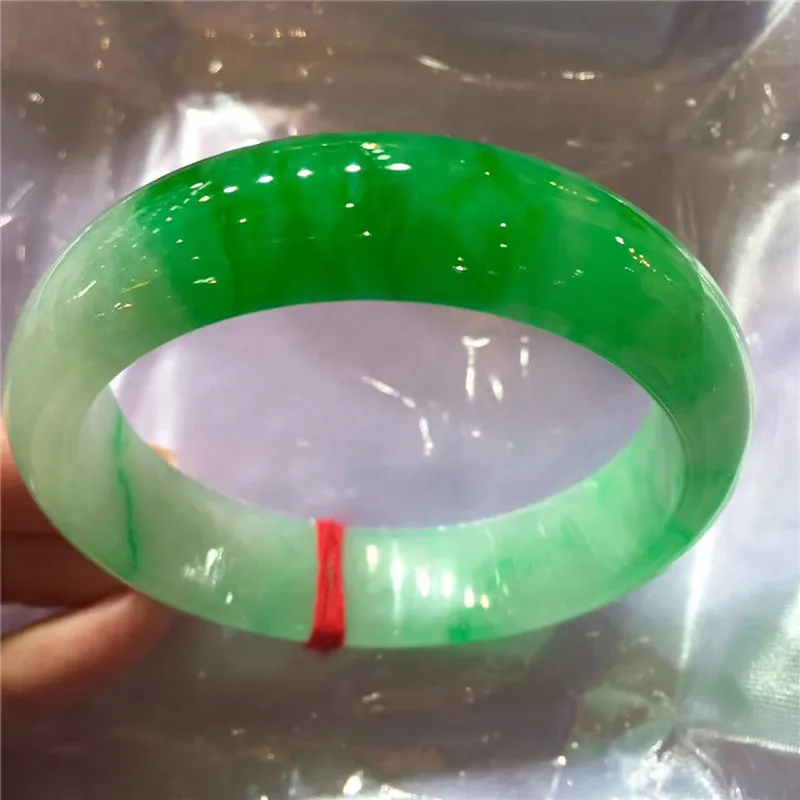 Natural Burmese Jade Bracelet, Ice-Grade, Light Green, Burmese Old Mine Jadeite Bangle for Women, Imperial Green Wide Version Ja