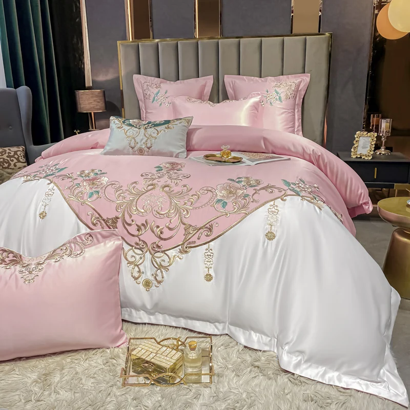 

Flowers Embroidery Bedding Sets Luxury Pink White Satin Cotton Duvet Cover Set Fitted Bed Sheet Pillowcases Home Textiles