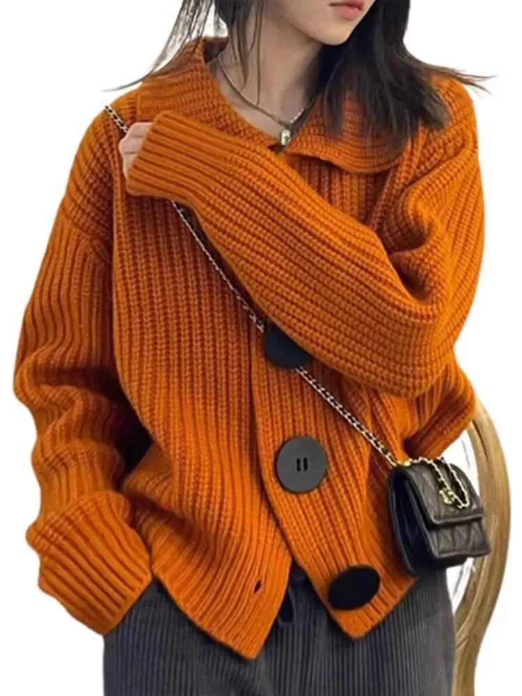 Pumpkin Orange Lapel Knitted Cardigan Sweater Coat Collar Chic Big Button Loose Korean Warm 2024 New Autumn Winter Cardigan Coat