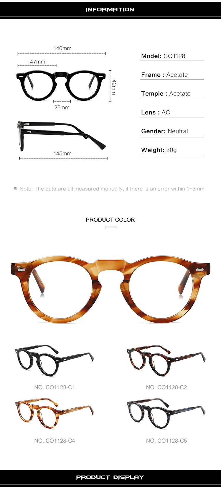 ALICIA Neue Luxus Acetat Brillen Mode Retro Runde Brillen Kleine Größe Spektakel Optische Verordnung Rahmen Mann Frau – Detail 4