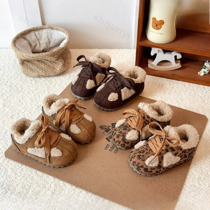 الفتيات ريترو ليوبارد الدافئة شعر منخفض أعلى حذاء كاجوال 2025 الشتاء الأطفال موضة تنوعا أفخم أحذية رياضية قطنية مريحة #2