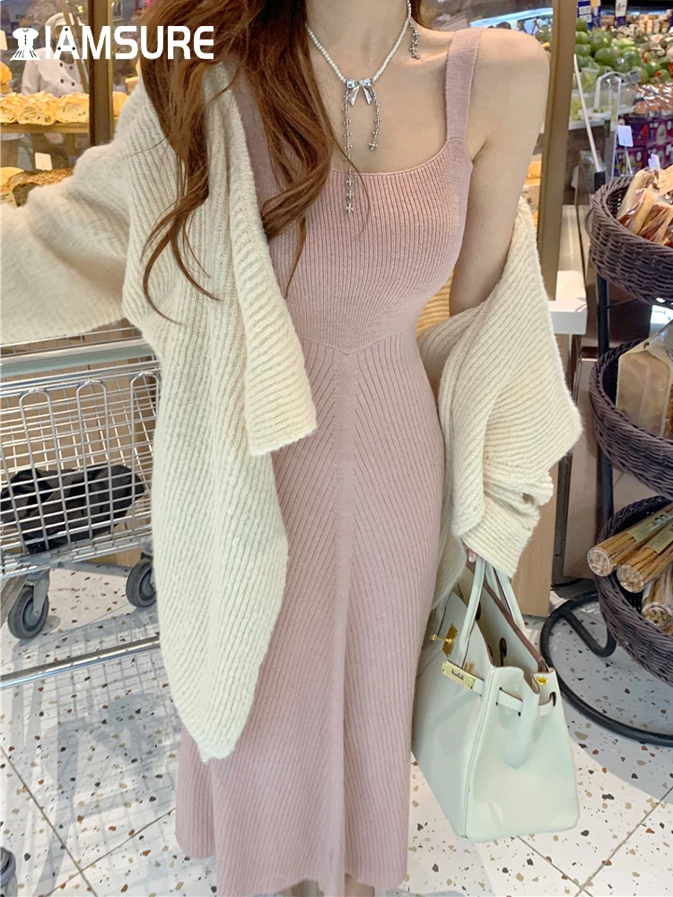 

IAMSURE Basic Solid Knitted Dress Set Women 2022 Autumn Winter Casual 2 Piece Set Long Sleeve Cardigans Slash Neck Maxi Dresses