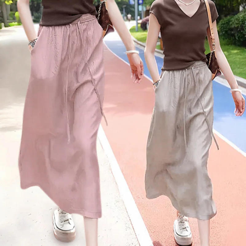 

Drawstring Elastic Waist Midi Skirt for Women Summer Thin Fashion Versatile Elegant Draped Straight Skirt