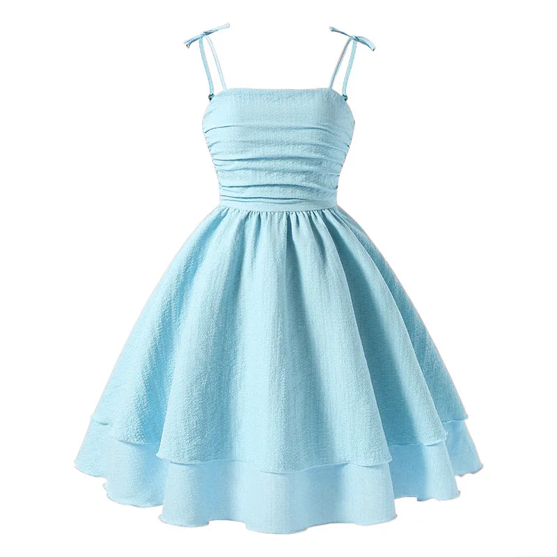 7-12 Years Teen Girls Dress Solid Color Sling Tiered Sleeveless Princess Dress For Kids Children Birthday Present Clothes