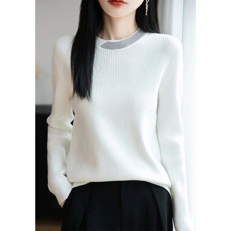 

Свитер со стразами, пуловеры, осенне-зимняя мода, дизайн в полоску, трикотажные топы с круглым вырезом, элегантные офисные женские джемперы