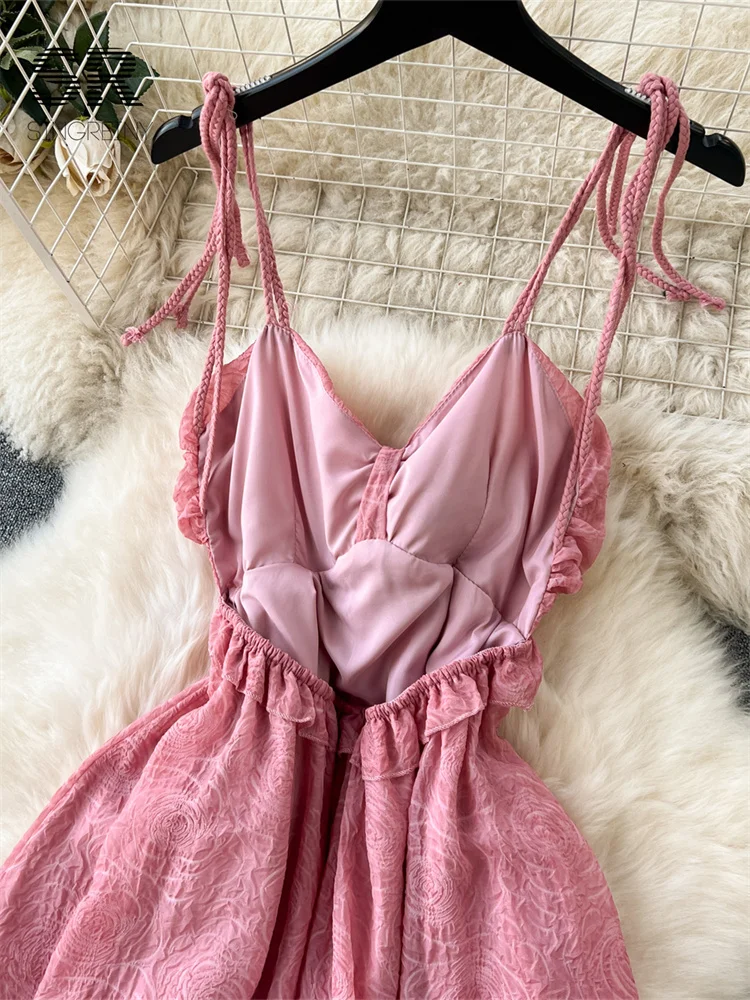 فستان صيفي غير منتظم بدون ظهر من SINGREINY فستان نسائي أنيق وردي أنيق بحزام زهرة نحيف للسيدات من قماش الجاكار على شكل حرف A #2