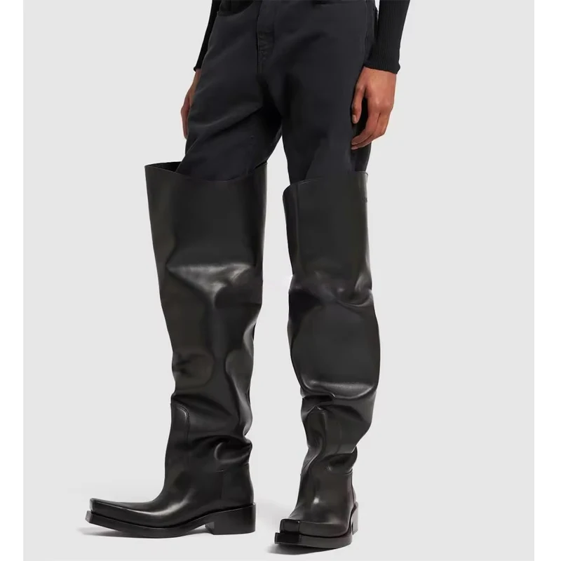 Men's Upturned Toe Chunky Heels Over-The-Knee Boots 2026 Fashion Black Knight Boots for Men Casual Streetwear Long Boots