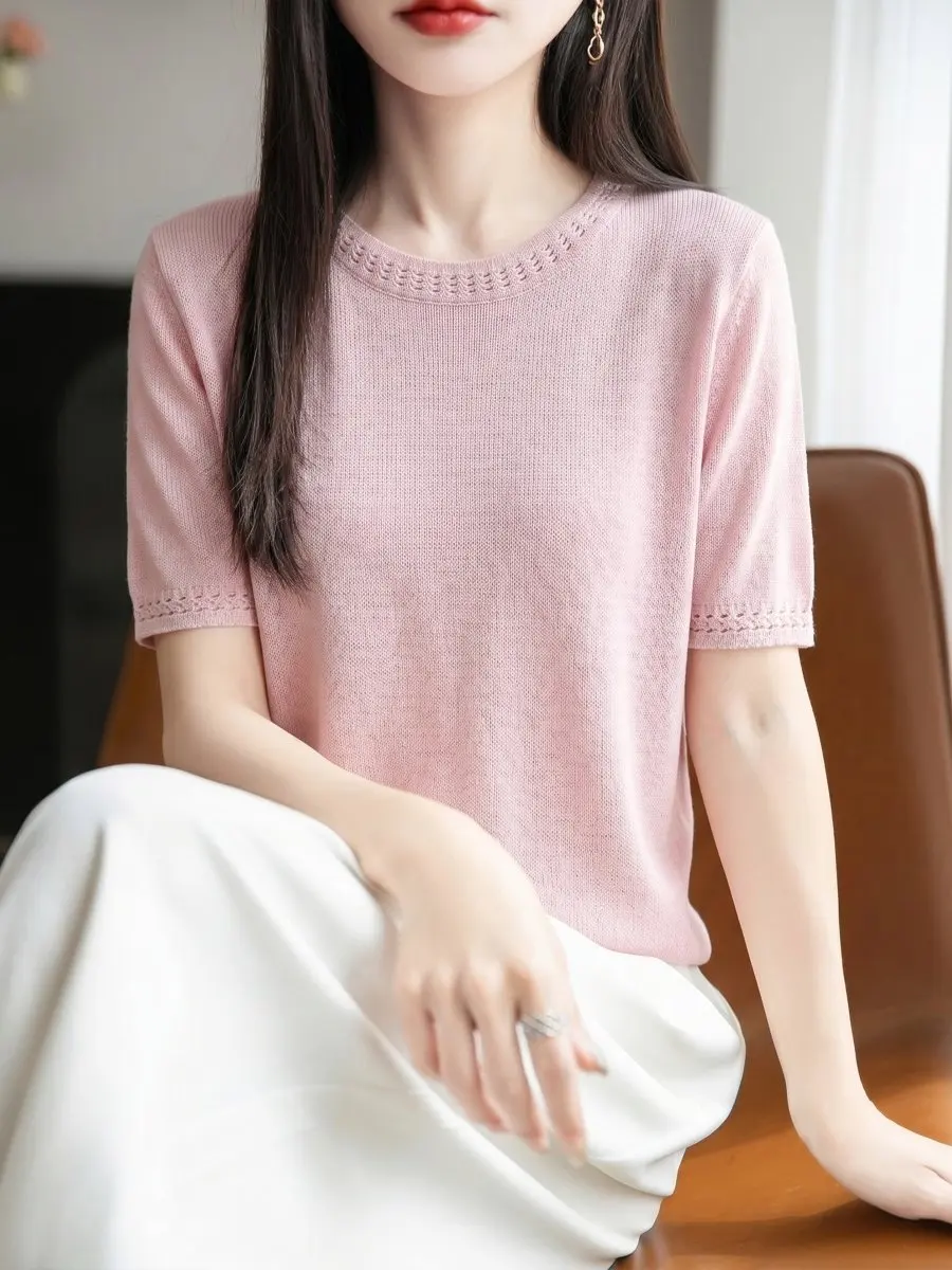 

Summer Thin round Neck Hollow Knitted Sweater Women's Bamboo Rayon Short Sleeve Loose Overhead Slimming Base Shirt
