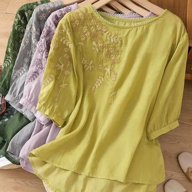 

Summer New Style Thin round Neck Cotton Linen Embroidered Slimming Vintage Loose Short Sleeve T-Shirt Women's Fashion Top