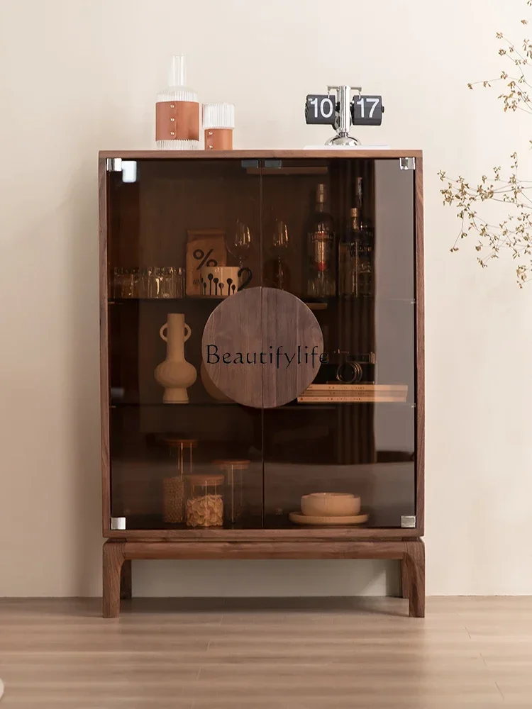 North American Black Walnut Solid Wood Dining Side Wine Cabinet Multi-Functional Double Door Storage Storage Entrance Cabinet