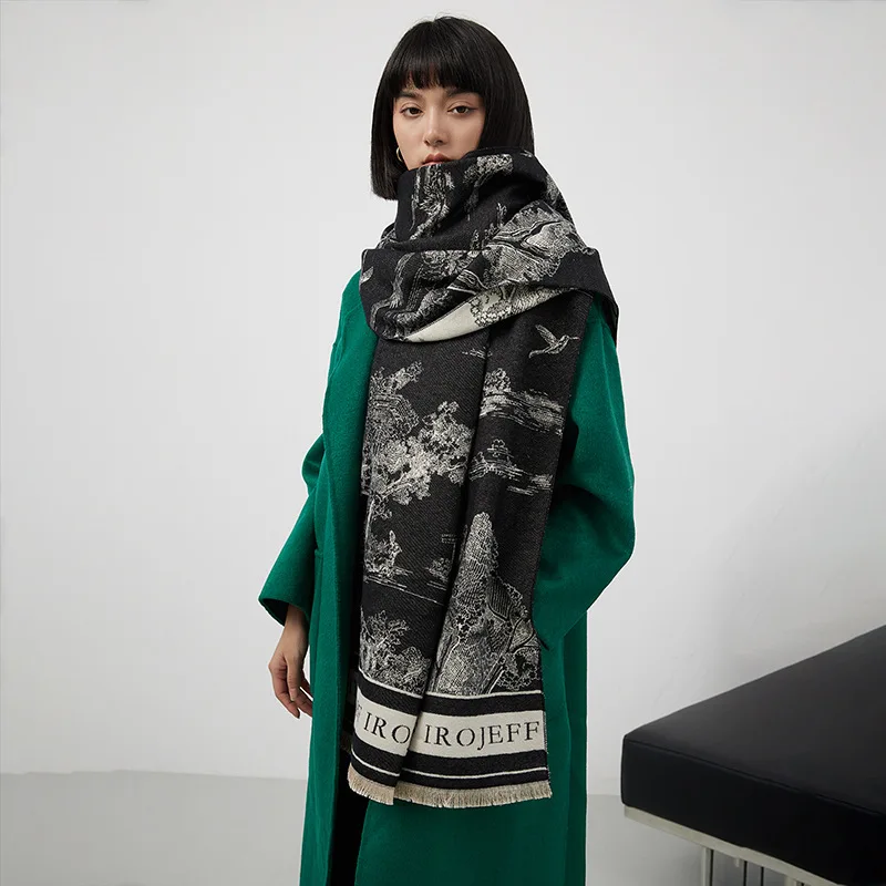 Jacquard Landscape Painting Imitation Cashmere Scarf Women's Office Air-conditioned Room Thick Warm Long Trendy Fashion Scarf