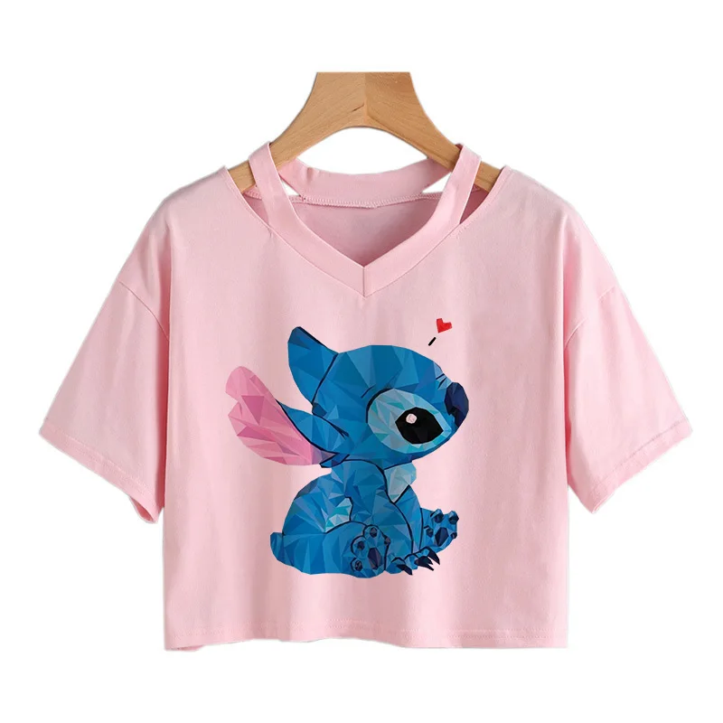 Y2k 90s Cropped  Kawaii Stitch Funny Cartoon T Shirt Women Manga T-shirt Graphic Tshirt Streetwear Crop Top Tees Female Gothic