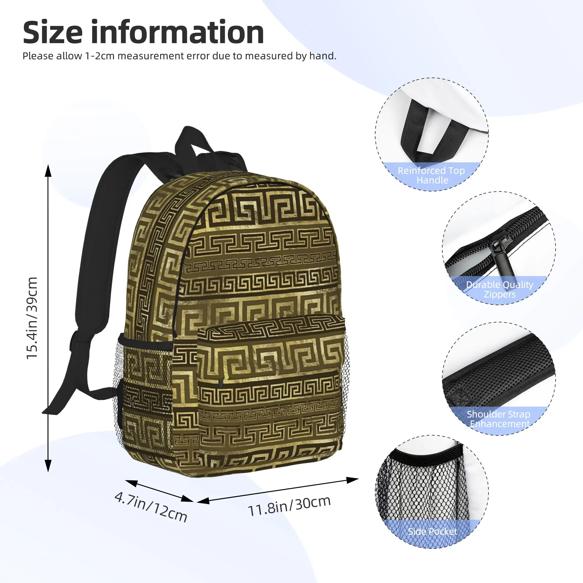 Greek Keys Meander Gold On Black Backpack Hot Sale Daypack Boys Girls BookBag Shoulder Bags for Men Women School Bag