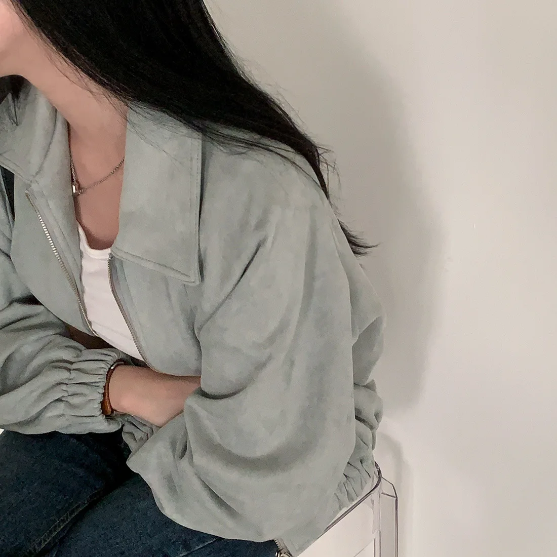 Women Pocket Retro Lapel Zippered Top Chic Autumn Vintage Fleece Jacket Loose Fit Versatile Long Sleeve Cropped Jacket 2025