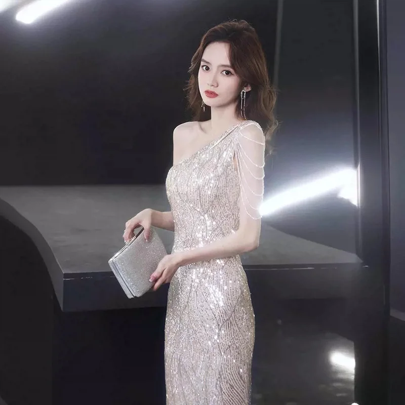 Light Luxury Sequins Fishtail Evening Dress Women's One Shoulder Sleeveless Tassel Prom Gowns Summer Slim Fit Party Dresses