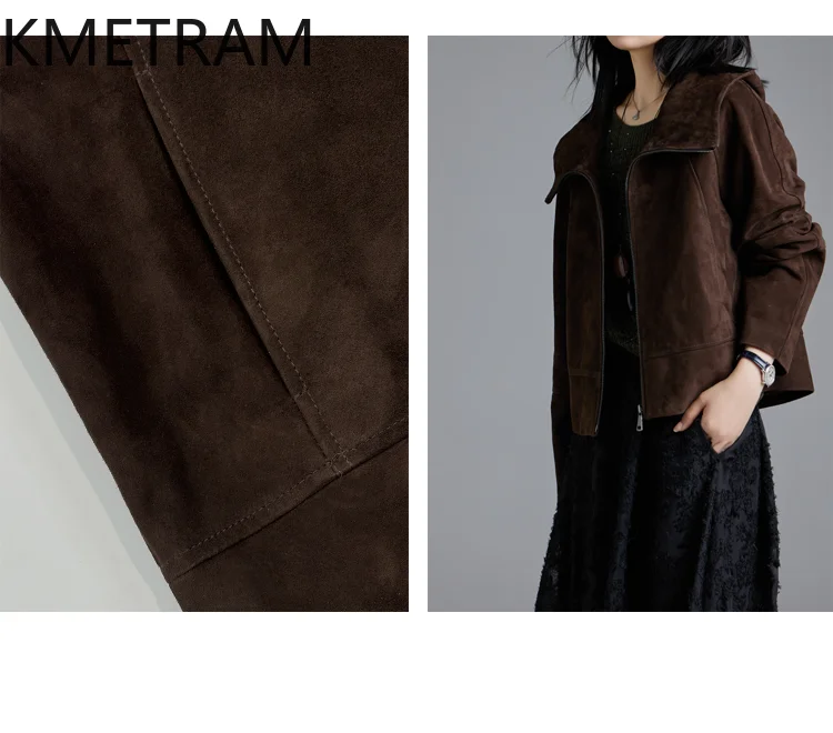 KMETRAM Cappotti in pelle scamosciata inversa in pelle di pecora naturale al 100% con giacca corta casual in vera pelle da donna con cappuccio 2025 Autunno пьто