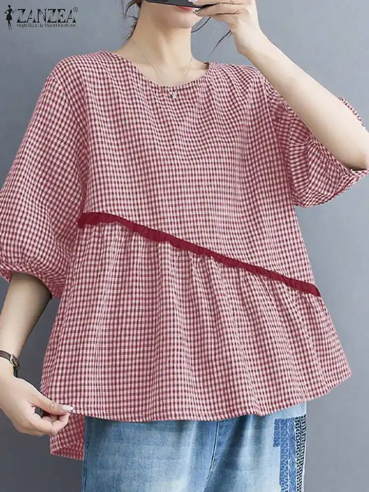 ZANZEA blus kotak-kotak Vintage wanita, blus pesta kasual Lengan setengah musim panas, atasan tunik perca longgar Retro untuk wanita