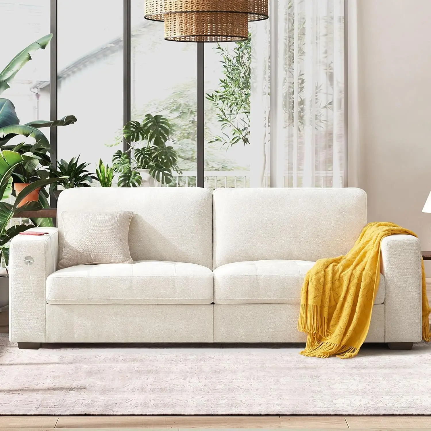 أريكة 89 بوصة لغرفة المعيشة، أريكة حديثة مريحة مع وسادة مقعد متوسطة الحجم، غطاء قابل للإزالة، مسند ذراع عريض، منفذ USB/Type-C