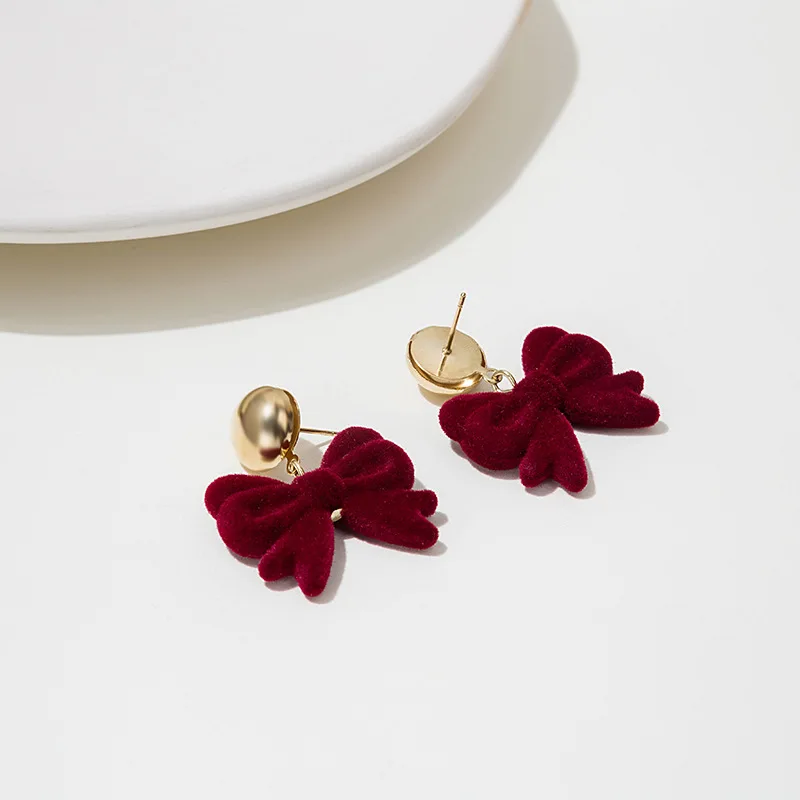 Classic Burgundy Velvet Bow Earrings for Women Jewelry Vintage Flocking Bowknot Dangle Statement Earings Party New Year Gift