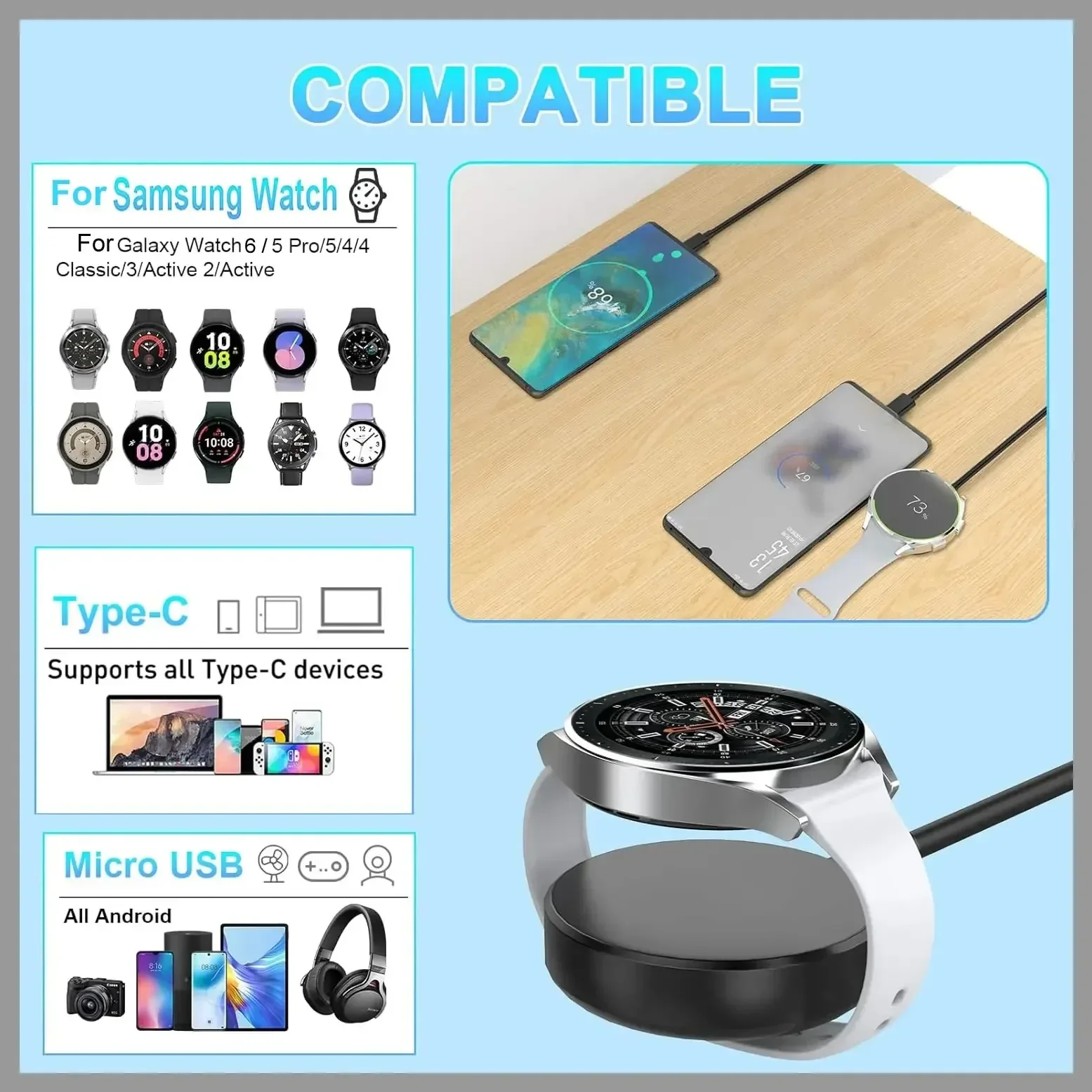 멀티 USB 고속 워치 충전기 케이블, 삼성 갤럭시 워치 6, 5 프로, 4, 3, 액티브 2, S23, S22, S20, C타입 휴대폰 및 마이크로 USB 장치