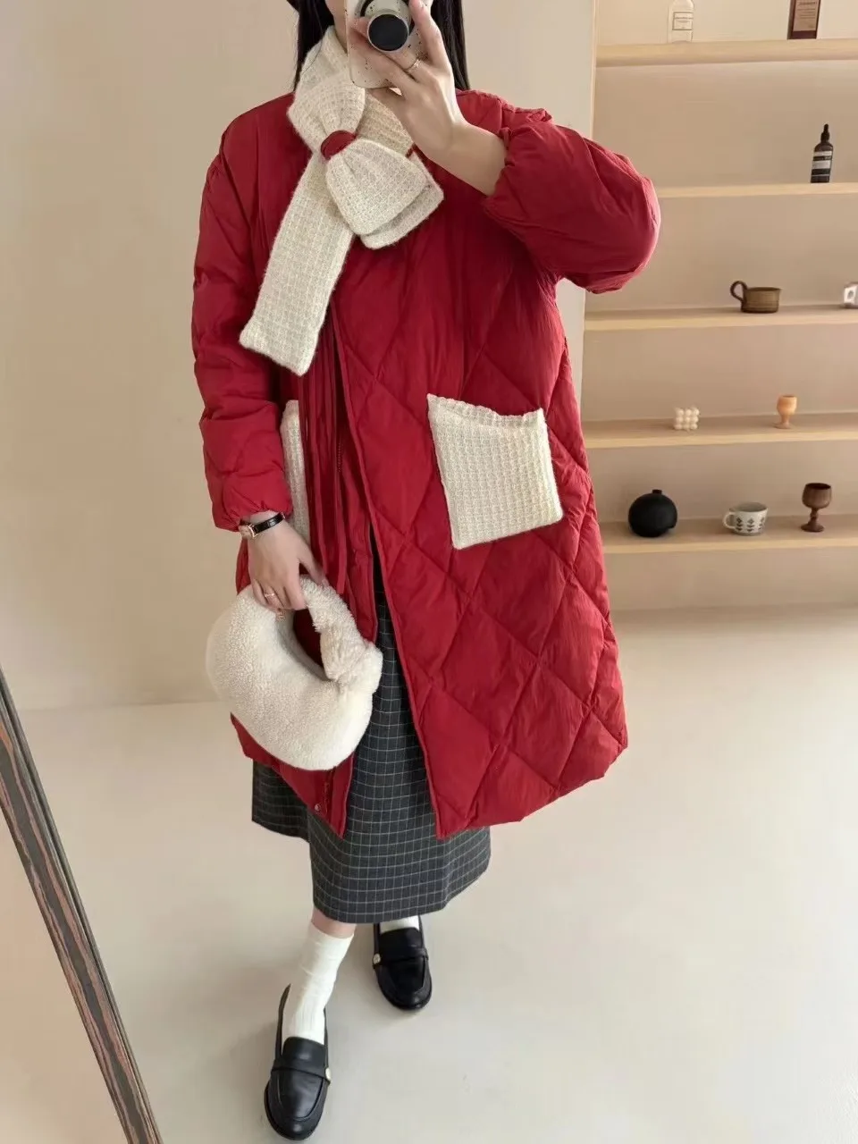 Mid-length Knee-length Down Jacket Women Thickened Warm White Duck Down Jackets for Women  Removable Scarf Loose Warm Coat