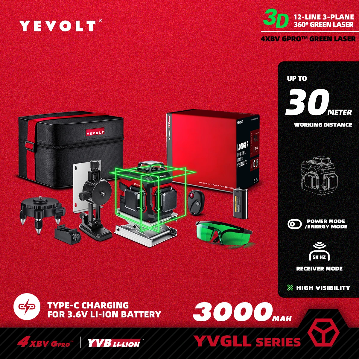 YEVOLT Green Laser Level YVGLL4XS12-Series 3-Plane 12-Line Self-leveling 360 3D Horizontal & Vertical Power Measuring Tools