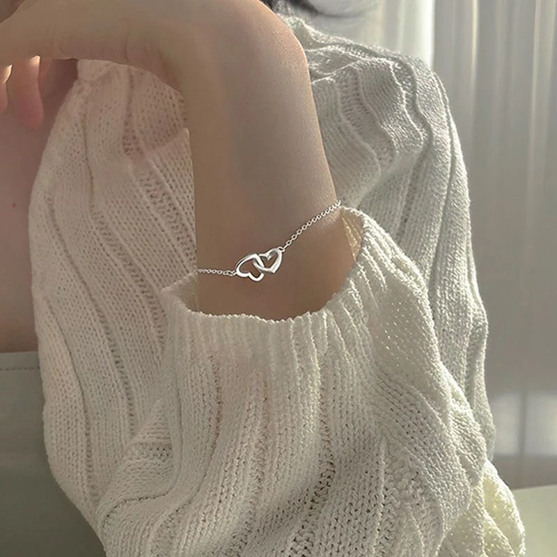 New Silver Color Double Heart Bracelet & Bangle for Women Fine Fashion Jewelry Wedding Party Gift New Trend