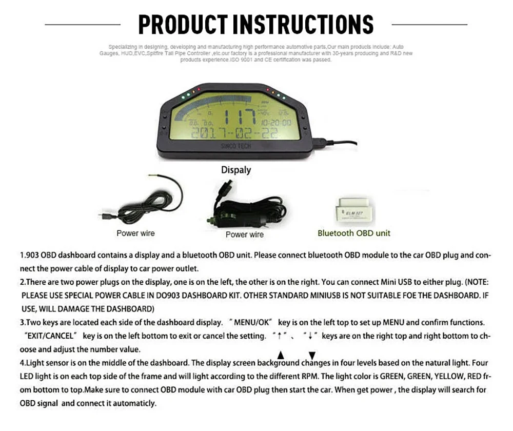 

Многофункциональный ЖК-дисплей для гоночного автомобиля 9-в-1 с Bluetooth, тахометром и полным комплектом датчиков DO903