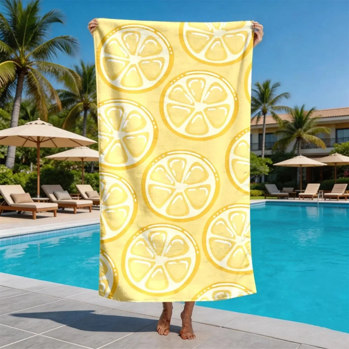 Yellow Base Hand Drawn Lemon Slice Beach Towel Large Soft Towel For Summer Beach Pool Picnic