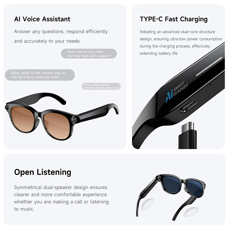 NEW AI Smart Glasses 200W HD Camera LED Light 290mAh Battery Meeting AI Translation Photo Recognition Video Record Smart Glasses