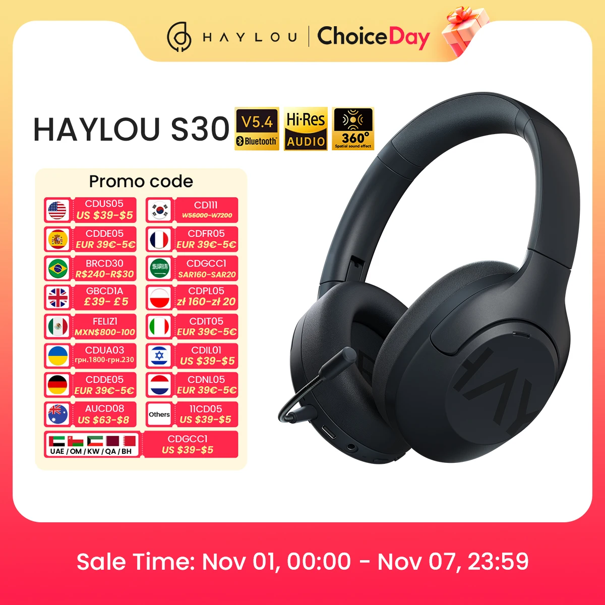 HAYLOU S30 Wireless Bluetooth 5.4 Headphones With Mic Noise Cancelling Headsets Hi-Res Audio 43dB Active 40mm Driver Earphones