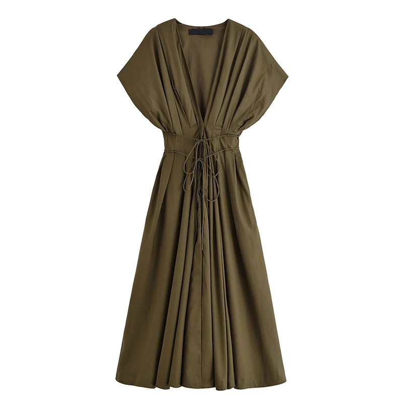 YENKYE レディース プリーツ Aライン ミディ丈ワンピース 半袖 Vネック ベルト付き サマードレス 2025 オフィスレディー 通勤 ストリート ワンピース