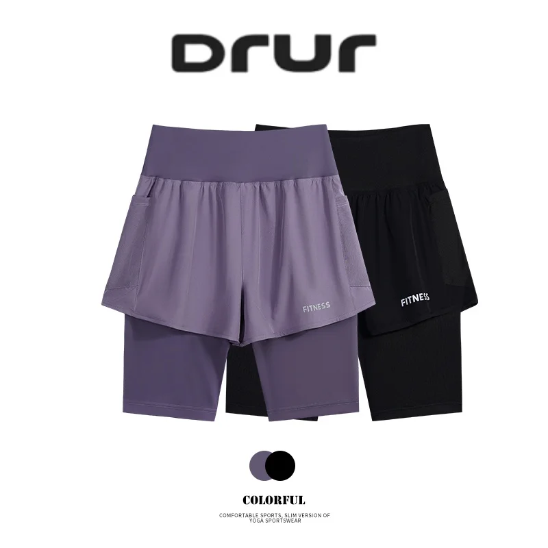 DRUR Yoga Shorts Women High Waist Fake Two-Piece Sports Shorts With Pocket Female Fitness Short Tight Gym ​​Cropped Trousers​
