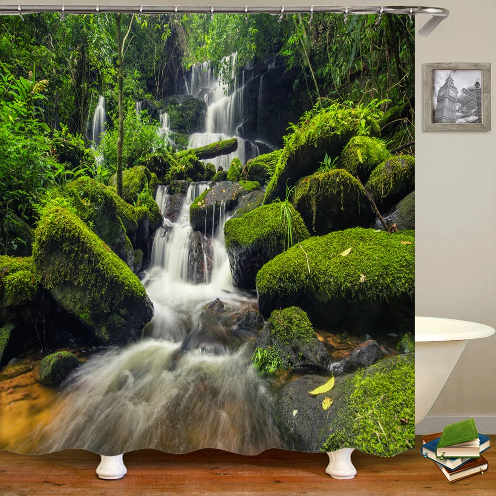 Nature Forest Waterfall 3D Shower Curtain landscape Bathroom Curtains Waterproof Fabric With Hooks Home Decoration Bath Curtain