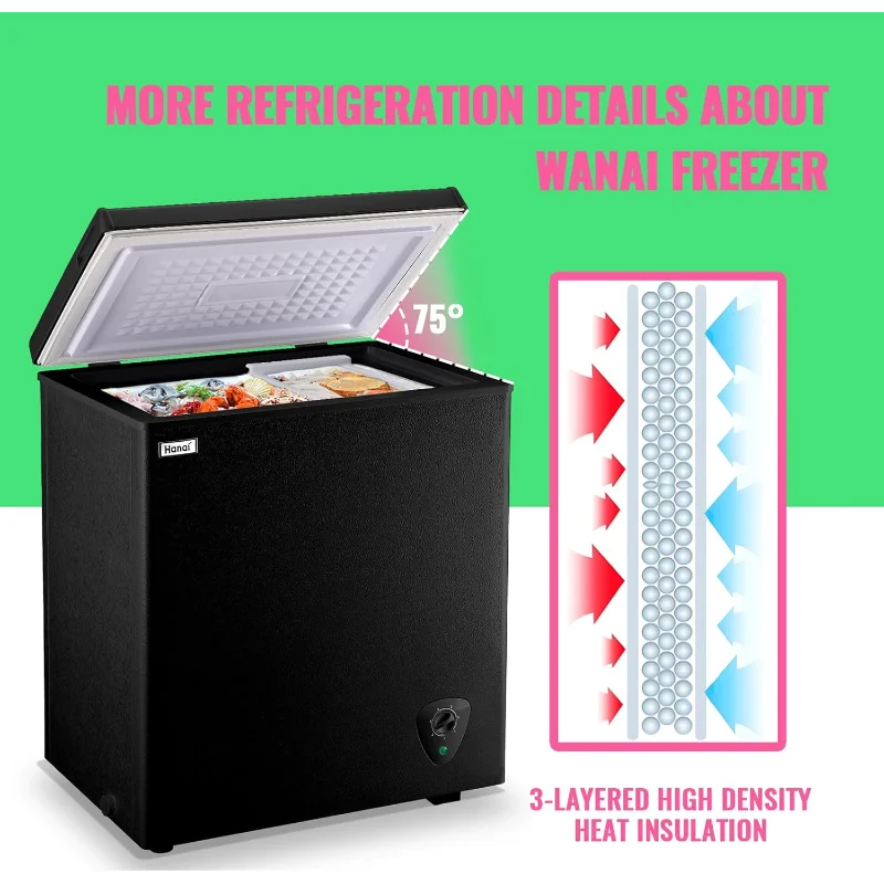 WANAI 5.0 입방 미터 냉동고, 상단 개방 도어 및 탈착식 보관 바구니 포함, 7단계 온도 조절