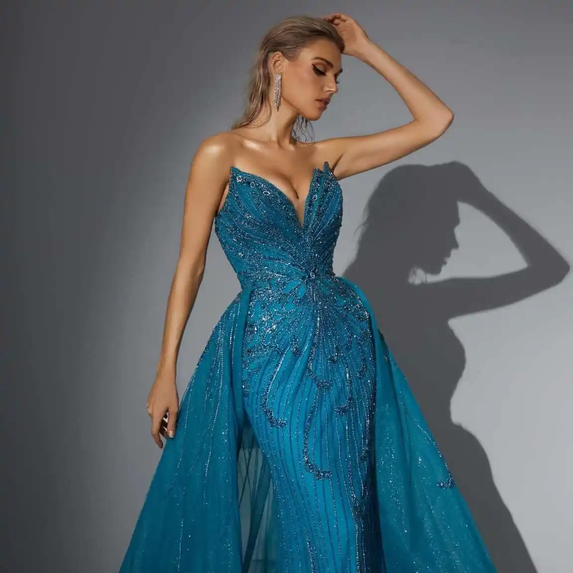 高級ブルーシースガウンウエディングドレスアップリケパターンスパンコールレースパーティードレスビッグサイズカスタムサイズカラーvestidos de festa