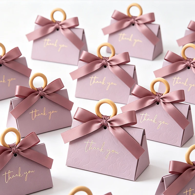 6/12PCS Elegant Wooden Ring Satin Ribbon Gift Box Stylish Purple Gift Wrap Box Boutique Retail Wedding Souvenir Gift Package ZYF