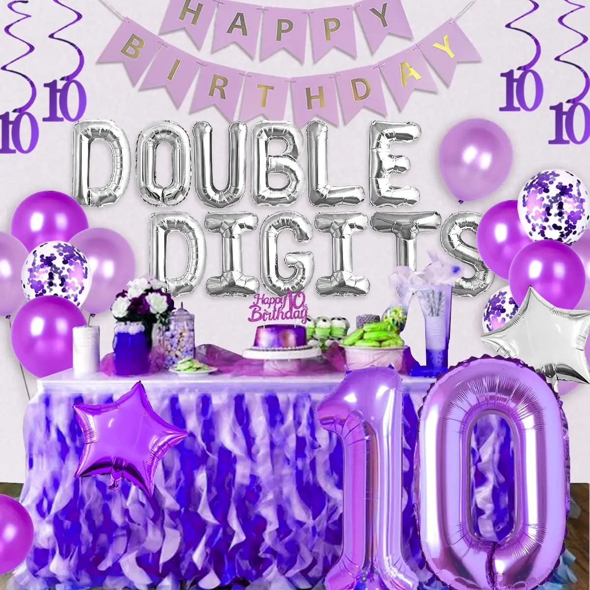 

Double Digits Purple 10th Birthday Party Decorations Happy Birthday Banner Number 10 Foil Balloon Cake Topper for 10 Years Old