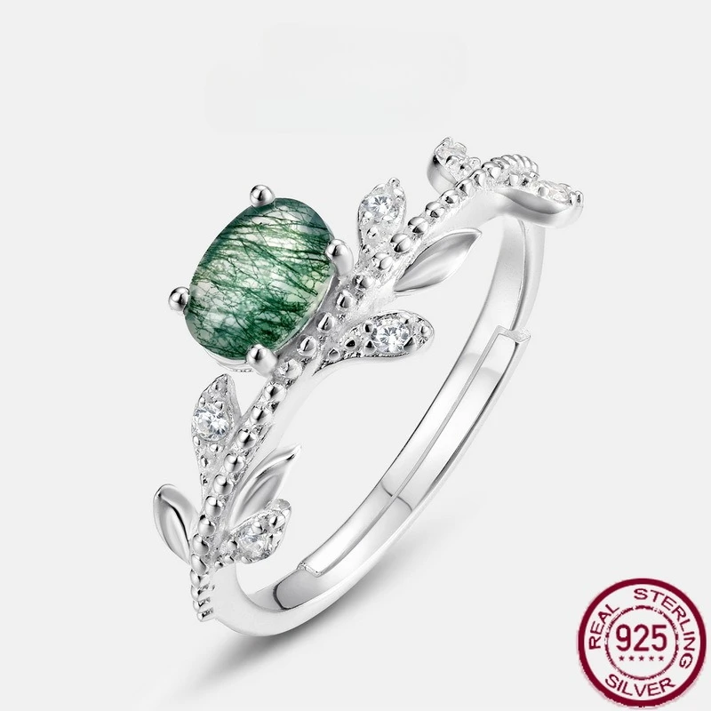 

New S925 pure silver unique natural green moss stone olive branch inlaid with water grass agate ring wedding jewelry