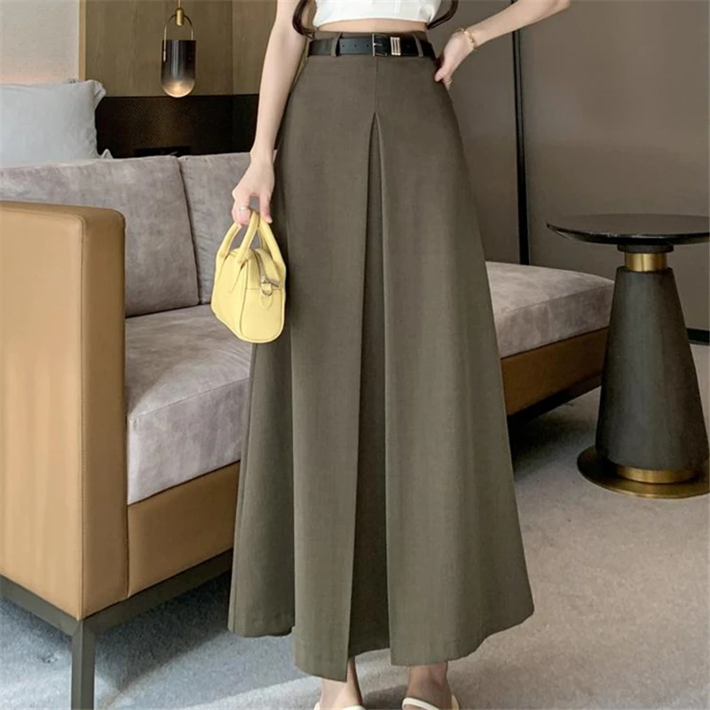 Seoulish Vintage Pleated Suit Women\'s Long Skirts Autumn Elegant Office Lady A-Line High Waist Solid Color Casual Skirts Female