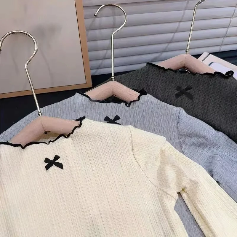 6M-8Y الفتيات تي شيرت بأكمام طويلة الأطفال تكدرت حافة القوس محبوك القمم 2025 الخريف جديد تنوعا قاعدة قميص للطفل الفتيات #3