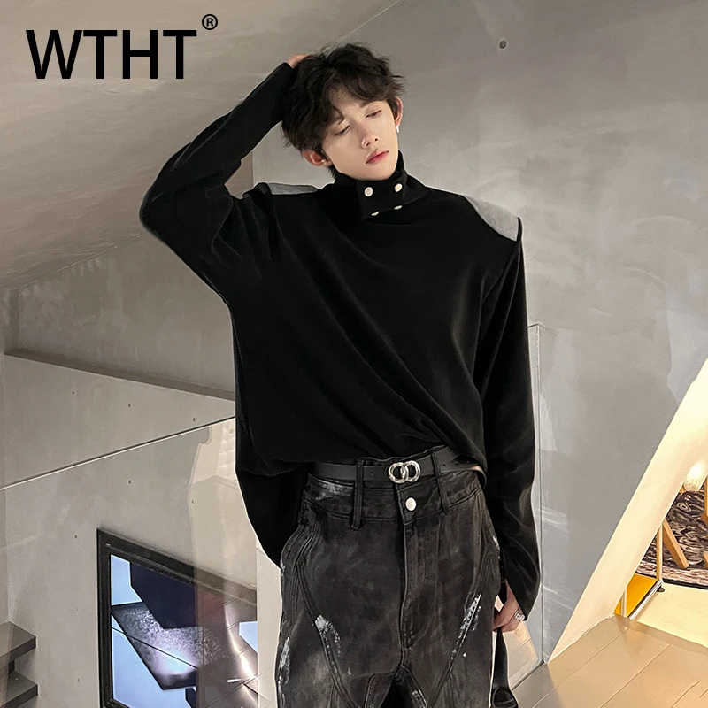 

WTHT Trendy Men's Spliced Metal Contrast Color Design T-shirts Fashion High Street Stand Collar Tops Male 2025 Autumn 2A2180