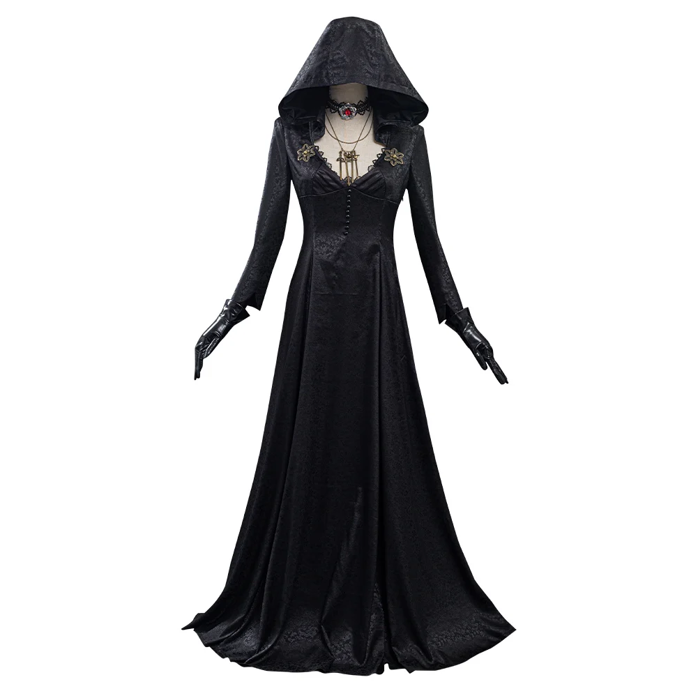 Halloween Evil Cosplay Traje para Mulheres, Vestido de Senhora, Colar e Brinco, Disfarce Adulto Terno, Acessórios Carnaval Preto