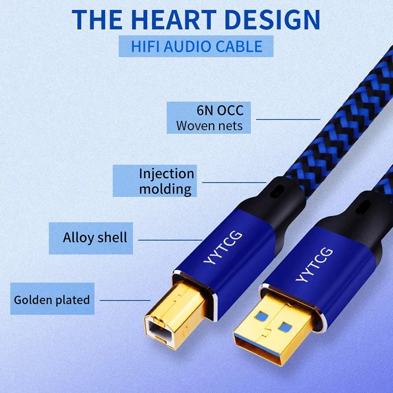 Kabel USB DAC YYTCG, wysokiej jakości, 6N OCC, typ A do B, złocony, ekranowany, do przesyłania danych audio, A-C, B-C, C-C, do dekodera DAC i karty dźwiękowej. — zdjęcie produktu 3