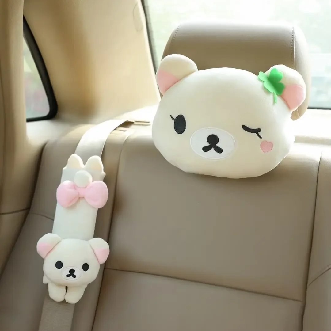 Cute Rilakkuma Car Headrest Seat Belt Cover Soft Fluffy Kawaii Bear Car Neck Pillow Car Interior Accessories for Girls Women - view 2