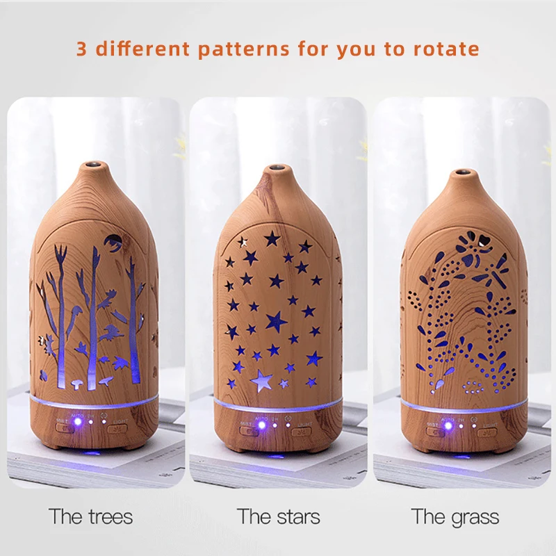 Electric Air Humidifier Aroma Essential Oil Diffuser อัลตราโซนิกรูปแบบ Hollow หมุนเย็น Mist LED Light สำหรับรถบ้าน