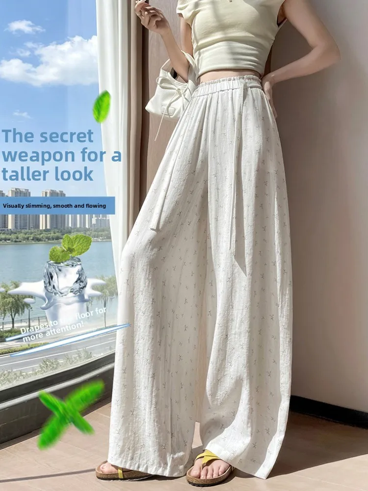 Blue Ice Silk Linen Floral Wide Leg Knife Pants Women Summer Thin High Waist Drape Loose Straight Casual Trousers