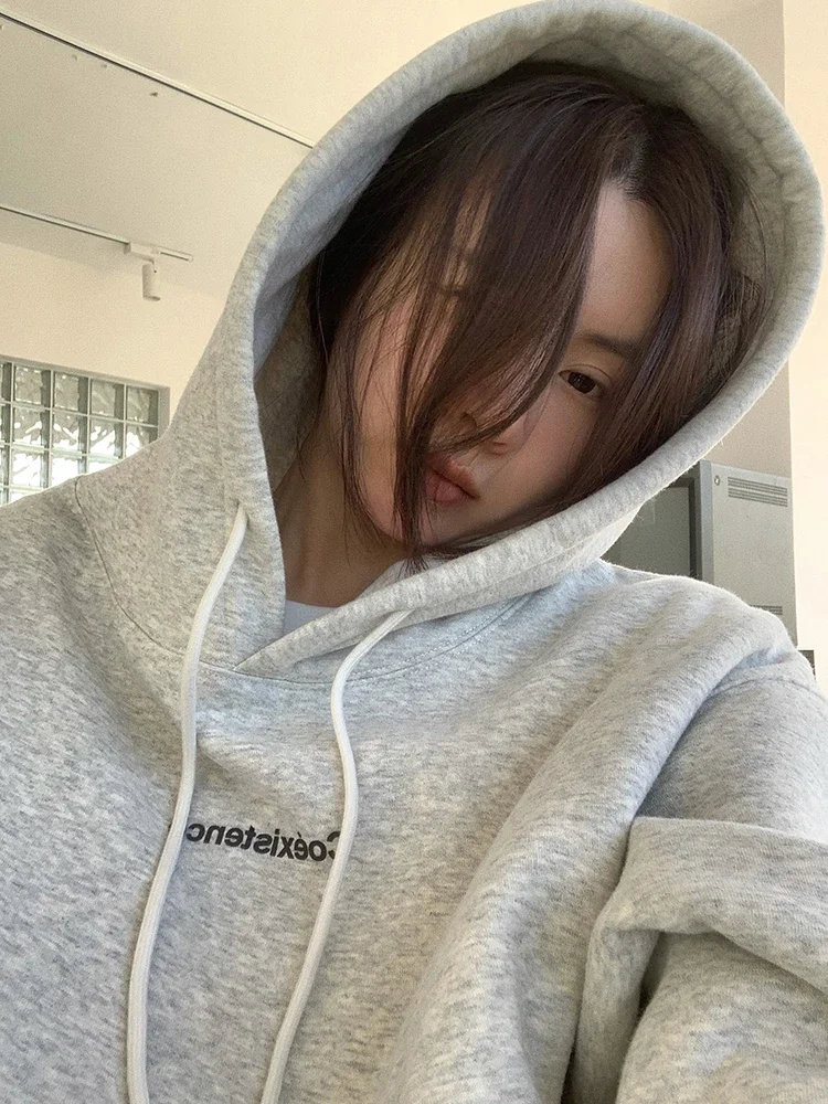 Korean Fashion Grey Fleece Thicken Baggy Pullover Pocket Letter Printing Sweatshirt Lazy Casual Raglan Sleeves Hoodie Autumn