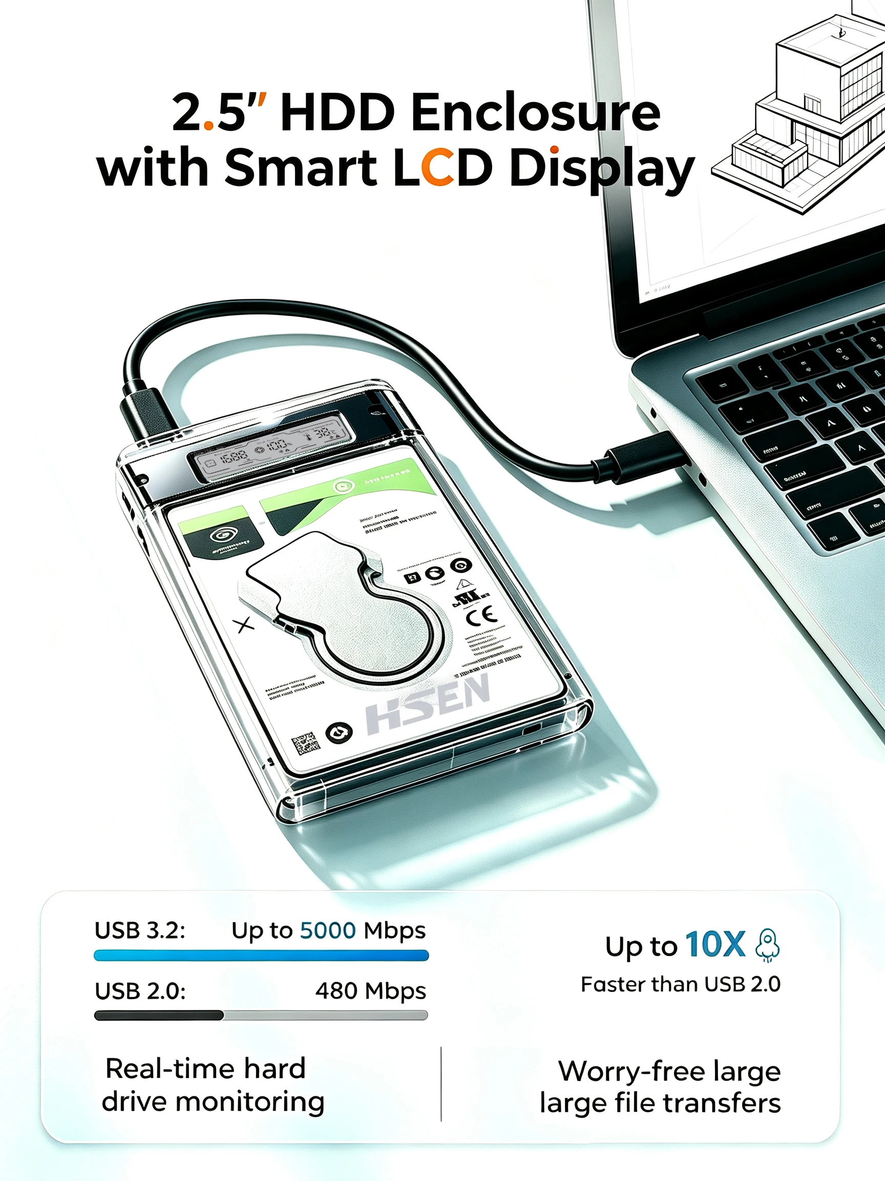 USB 3.0 2,5"-HDD/SSD-Gehäuse, transparentes SATA-Festplattengehäuse mit Smart-Display zur Echtzeitüberwachung des Festplattenzustands